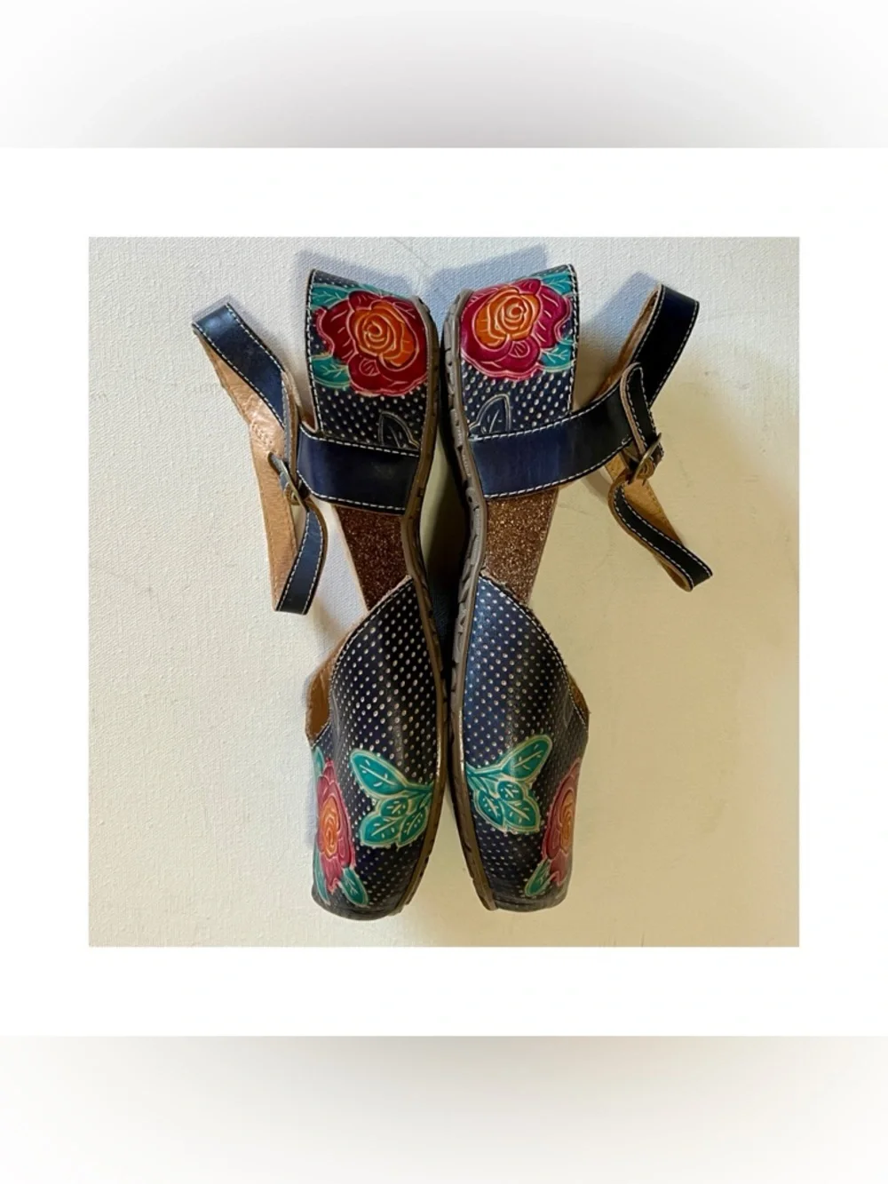 L’Artiste Lizzie Rose leather navy blue closed toe wedge sandals US 8.5 - Picture 3 of 7